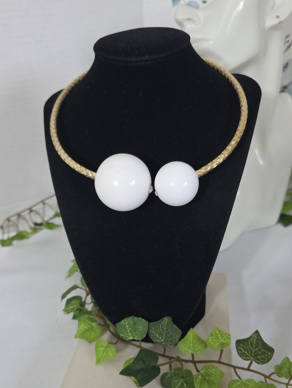 Statement Gold Flexible Choker Necklace with Large White Spherical End Beads